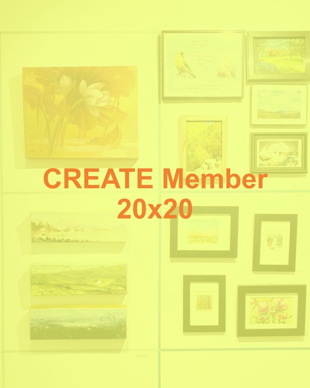 CREATE Member 20x20 text overlay on image of gallery wall with small artworks displayed within squares